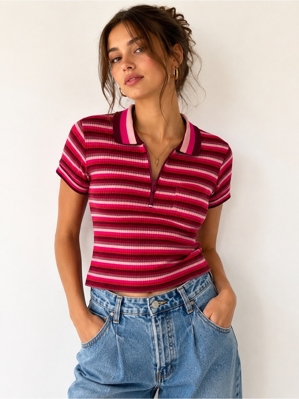 Vintage Esprit 90s Pink Striped Ribbed Half Zip Polo Top Made USA L